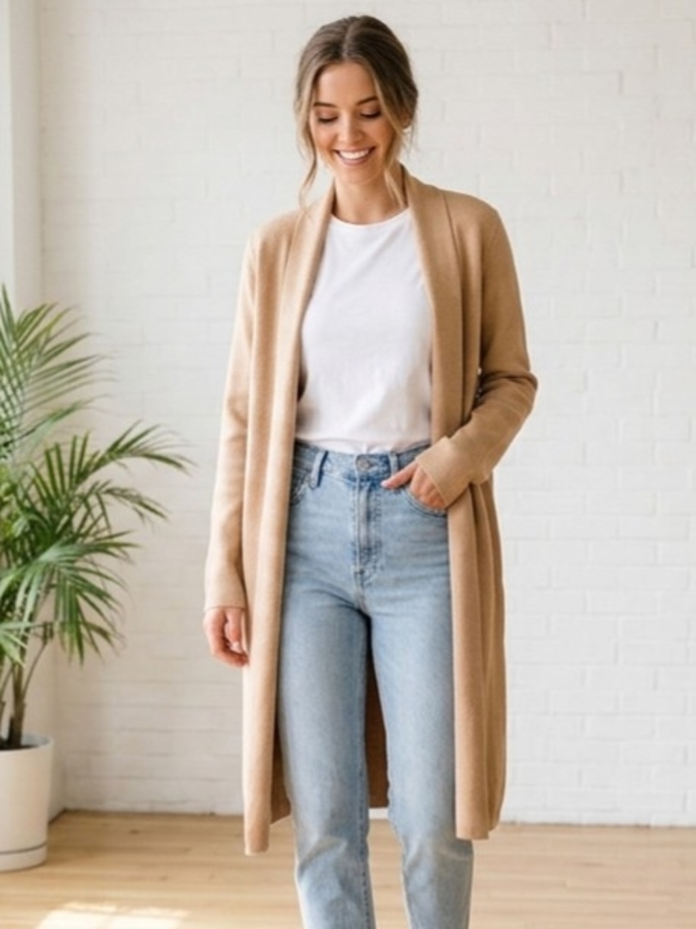 Women's Long Open-Front Knit Cardigan - Camel
